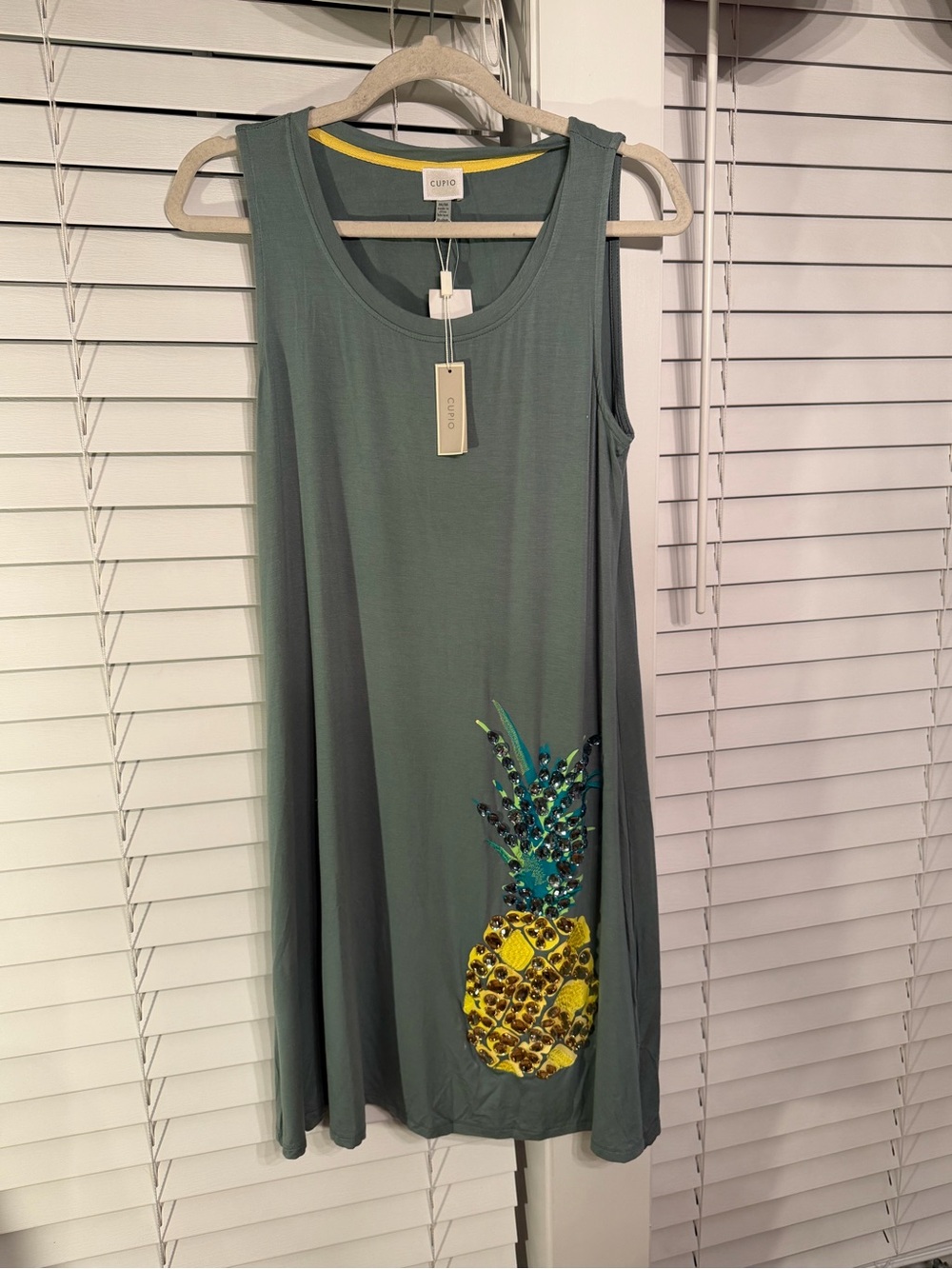 Cupio Green Sleeveless Mini Dress with Yellow Embellished Pineapple Detail